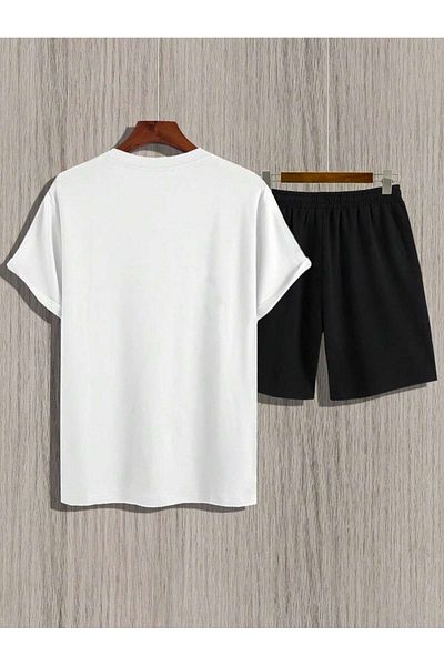 Boi Paris Stripe T-Shirt Shorts -White Black Shorts T-Shirt Bottom Top Set Printed Crew Neck