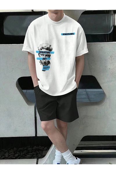 Boi Renaissance Art Sculpture T-Shirt Shorts - White with Black Shorts T-Shirt Bottom Top Set Printed Crew Neck
