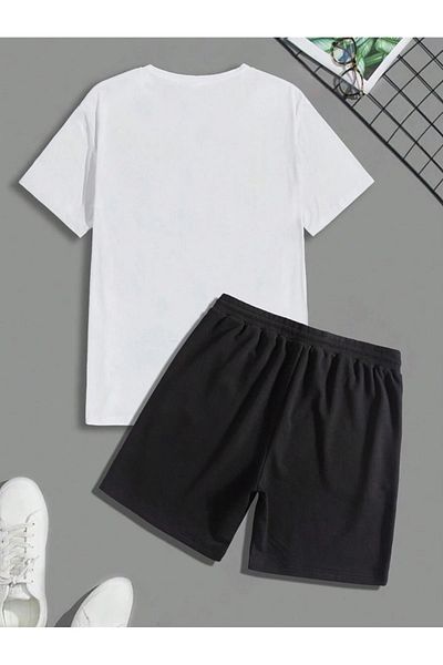 Boi A Logo T-Shirt Shorts - White Black Shorts T-Shirt Bottom Top Set Printed Crew Neck