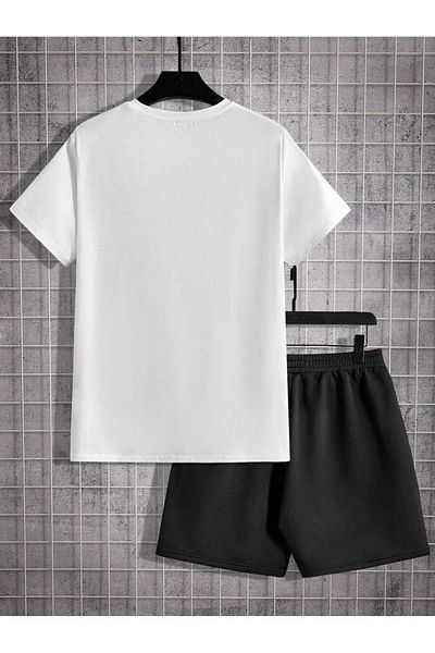 Boi American Bear T-Shirt Shorts - White with Black Shorts T-Shirt Top and Bottom Set Printed Crew Neck