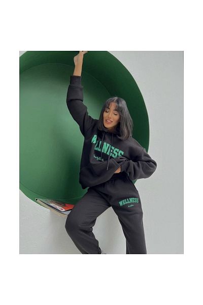 Boi Wellnes Tracksuit Set - Black Printed Suit Jogger Sweatshirt Rubber Leg Hooded