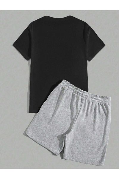 Boi Triangle Ufo Logo T-Shirt Shorts - Black Grey Shorts T-Shirt Bottom Top Set Printed Crew Neck