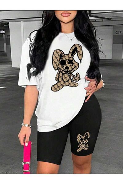 Boi Bottom-Top Rabbit Printed Short Leggings T-Shirt Oversize Loose Boyfriend Set