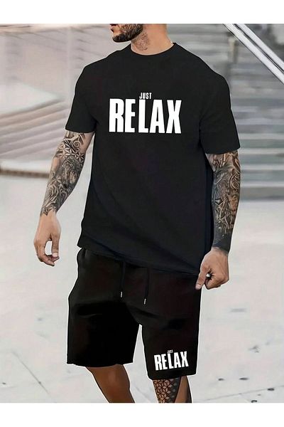 Boi Just Relax T-Shirt Shorts - Black Shorts T-Shirt Top Bottom Set Printed Crew Neck