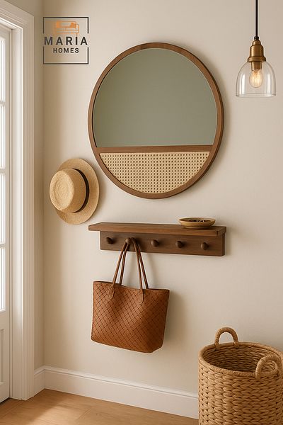 MARIA HOMES Round Wall Mirror 60cm – Dark Wood Frame With Rattan Accent