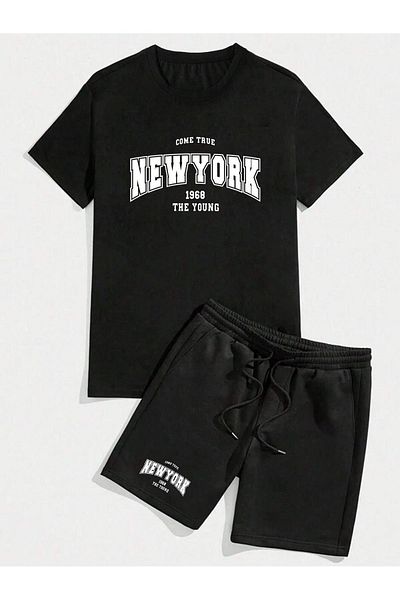 Boi New York 1969 T-Shirt Shorts Combination Set 2 Pieces - Black Printed Oversize Crew Neck