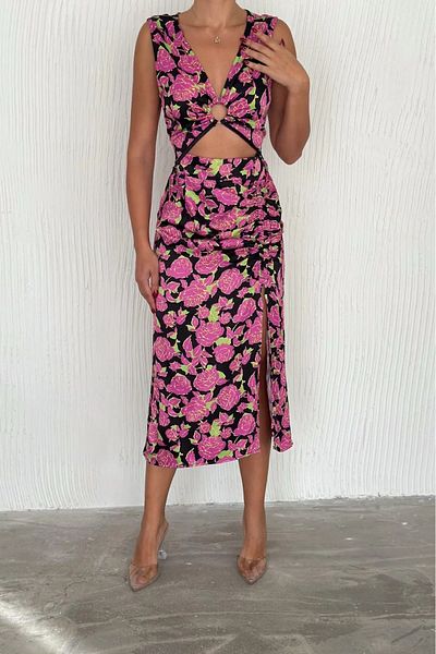 Lujurya Women S Floral Print Zip Front Slit Satin Dress Length 120 cm