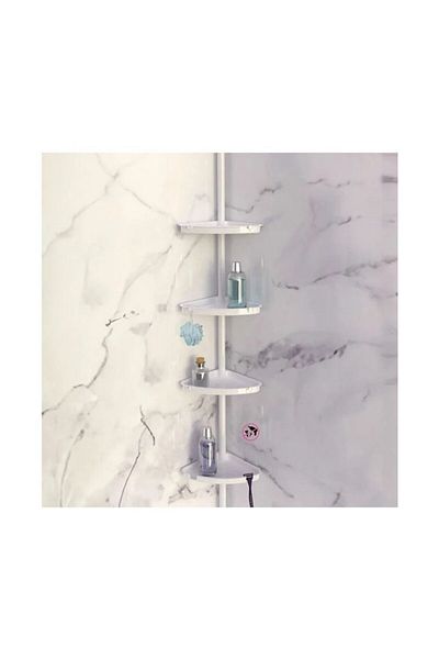 BREZIUM Raft telescopic pentru baie, cu 4 etajere si brat metalic extensibil intre 135-260 cm, BREZIUM, Alb