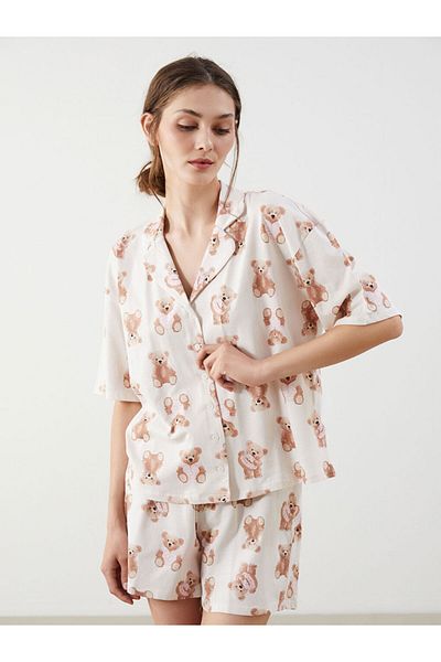 LC Waikiki New Season Shirt Collar Bear Printed Women's Shorts Pajama Set - S5Gt28Z8
