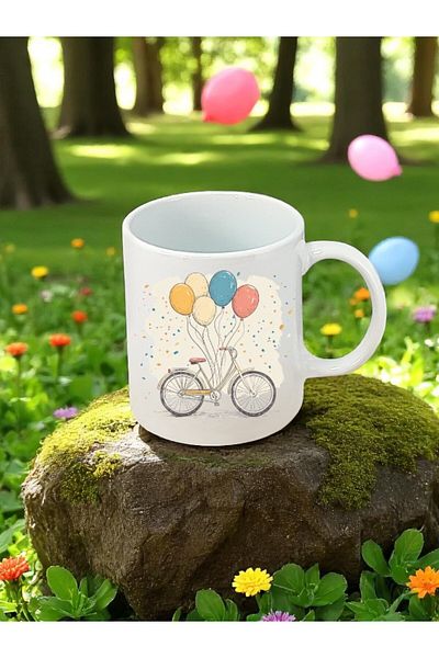 lili hediyelik White Mug with Balloon and Bicycle Printed