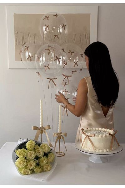 PartyPoo 3Pcs Transparent Bobo Balloon with Sand Beige Bow 18 Inch Party Wedding Wedding Ornament Birthday Decoration