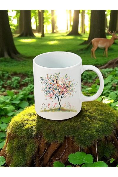 lili hediyelik White Mug with Flower Tree Printed