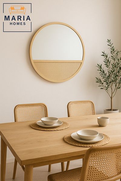 MARIA HOMES Round Wall Mirror 100 cm – Natural Wood Frame with Rattan Design