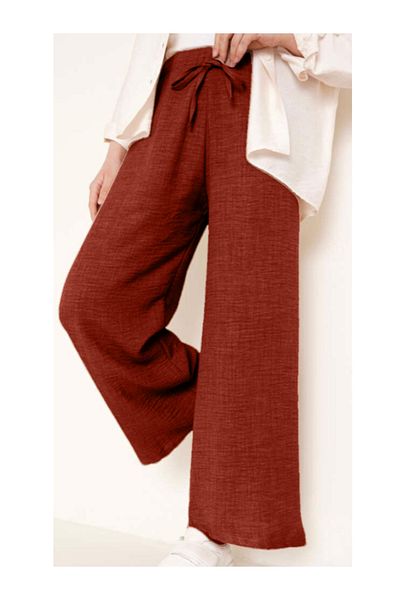 LEGS STAR Women's Brown Sofia Linen Double Pocket Wide Leg Trousers