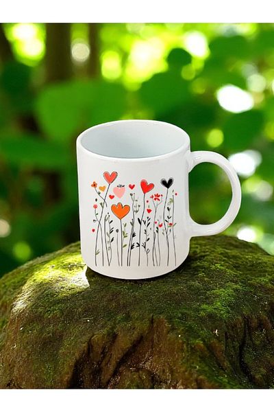 lili hediyelik Heart Shaped Flowers Printed White Mug