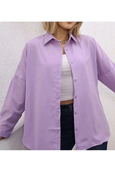 Style Geniş Kalıp Oversize Pamuk Keten Gömlek Lila