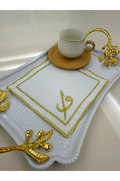 AYNAKIŞÇEYİZ 6 Κεντημένες χαρτοπετσέτες και σουβέρ για καφέ Vav Letter