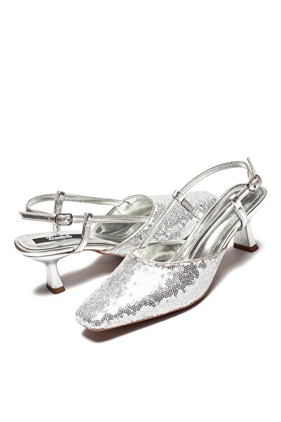 Dedos Kadın Gümüş Renk Sivri Burun Pullu Kısa Topuklu Ayakkabı 1010