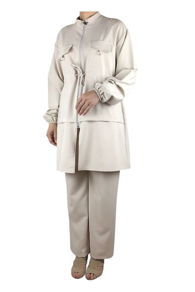 ECE GİYİM Women's Tunic Front Zippered Drawn Sleeve Elastic Pants Waist Elastic Suit