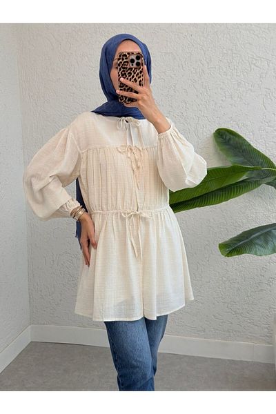Modamorfo Shirt with Tie Front and Elastic Sleeves -Ecru