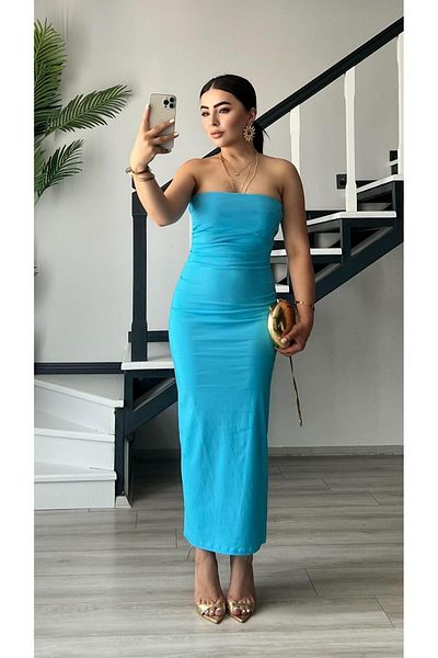 Oslove Turquoise Strapless Waist Gipe Detailed Slit Dress