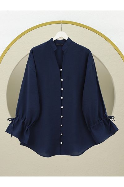 Modamorfo Long Button Back Shirt with Sleeve Laces - Navy