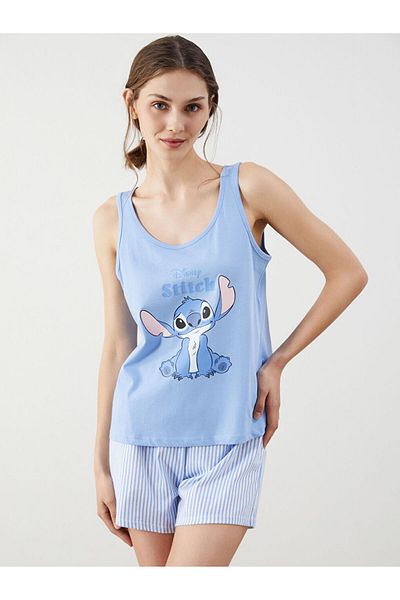 LC Waikiki Young White Crew Neck Stitch Printed Women's Shorts Pajama Set