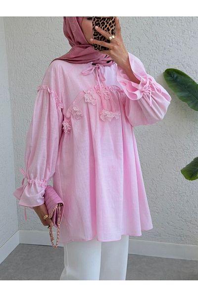 Modamorfo Shirt with Tie Collar and Sleeves and Flower Detail on the Front - Pink