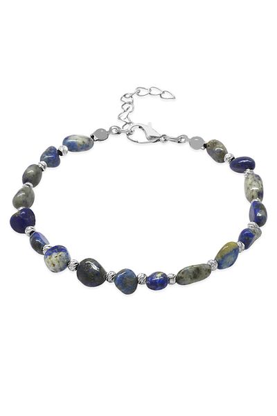 Tesbihane Silver Color Metal Chain Dorika Ball Decorated Amorphous Lapis Natural Stone Men's Bracelet