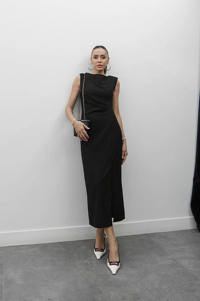 Aventien Black Midi Dress with Drape Detail and Slit