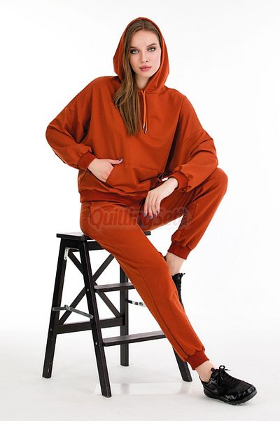 quilling Long Sleeve 22057 Dark Orange Color Women's Sports Tracksuit Set with Hood and Kangaroo Pocket