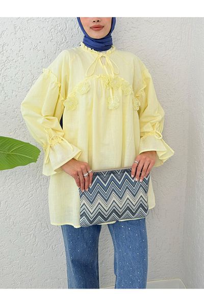 Modamorfo Flower Detailed Shirt with Tie Collar and Sleeves - Light Yellow