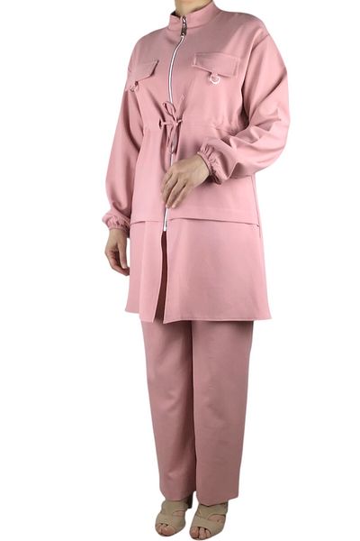 ECE GİYİM Women's Tunic Front Zippered Drawn Sleeve Elastic Pants Waist Elastic Suit