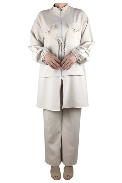ECE GİYİM Women's Tunic Front Zippered Drawn Sleeve Elastic Pants Waist Elastic Suit