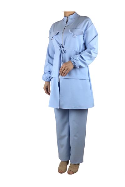 ECE GİYİM Women's Tunic Front Zippered Drawn Sleeve Elastic Pants Waist Elastic Suit
