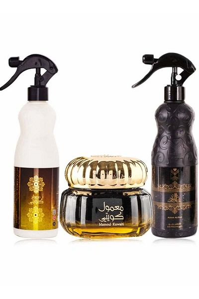 ALMAS 3 Pieces of Kuwaiti Incense 60g with Aashiq Al Oud Perfume 480ml and Kuwaiti Perfume 480ml
