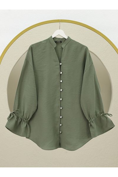 Modamorfo Long Button Back Shirt with Sleeve Laces - Khaki