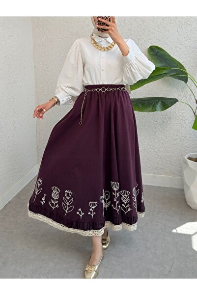 Modamorfo Lace Embroidered Elastic Waist Skirt - Plum