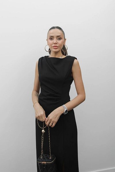 Aventien Black Midi Dress with Drape Detail and Slit