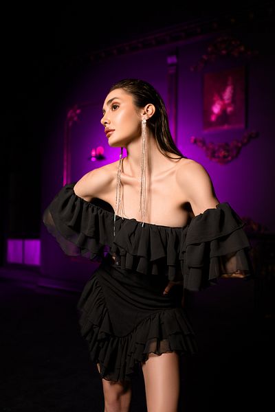 Gira official Black Off Shoulder Ruffle Detail Mini Dress