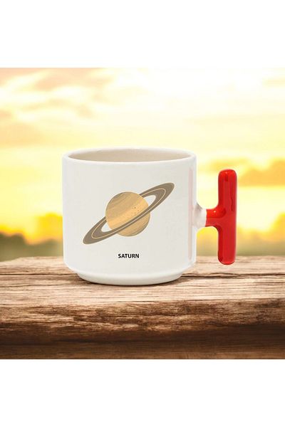 BB TRADE Saturn Design Red T-Handle Ceramic Printed Mug 250 ml