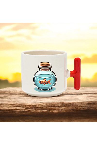 BB TRADE Fish Design Red t Handle Ceramic Printed Mug Cup 250 ml
