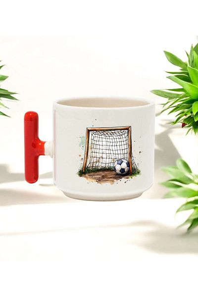 BB TRADE Football Goal Designed Red T-Handle Ceramic Printed Mug 250 ml