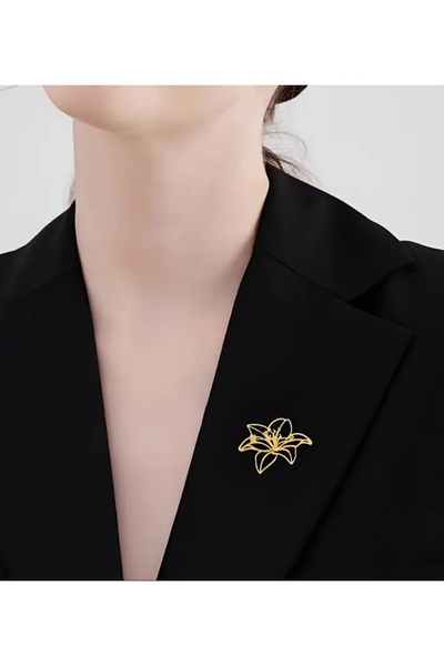 chibi Altın renkli Zambak çiçeği Sade & Modern Broş - Gold Çiçek Yaka İğnesi Şık Aksesuar