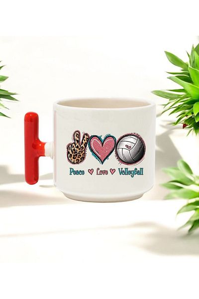 BB TRADE Peace Love Volleyball Designed Red T-Handle Ceramic Printed Mug 250 ml