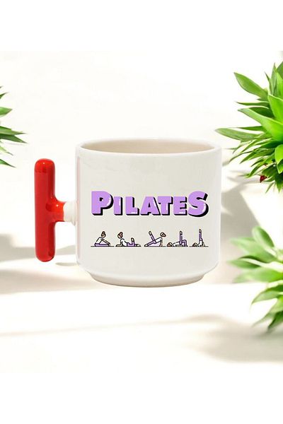 BB TRADE Pilates Designed Red T-Handled Ceramic Printed Mug 250 ml