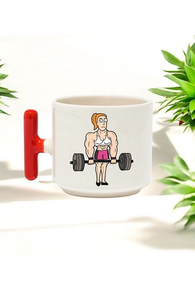 BB TRADE Red T-Handled Ceramic Printed Mug with Sports Woman Design 250 ml