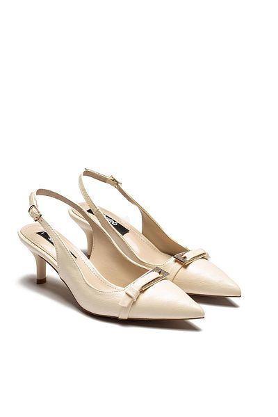 Dedos Women's Heeled Pointed Toe Stone Buckle Shoes Ekru 3115
