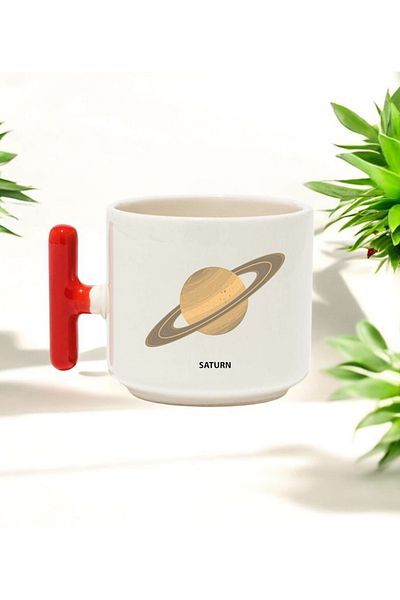 BB TRADE Saturn Design Red T-Handle Ceramic Printed Mug 250 ml