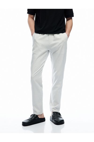 Koton New Season Cotton Linen Blended Chino Trousers with Lace-Up Waist and Pocket Detail